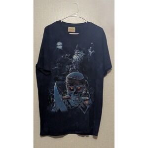 Vintage Y2K The Mountain AOP Pirate Skulls T Shirt Blue Size Large